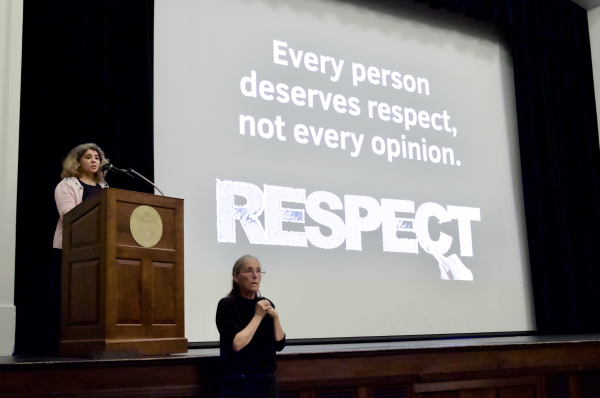 Headlee displays a slide with the words “Every person deserves respect, not every opinion” behind her during the lecture. This idea ties directly to her focus on improving post-election conversations, as it encourages separating respect for individuals from agreement with their viewpoints.